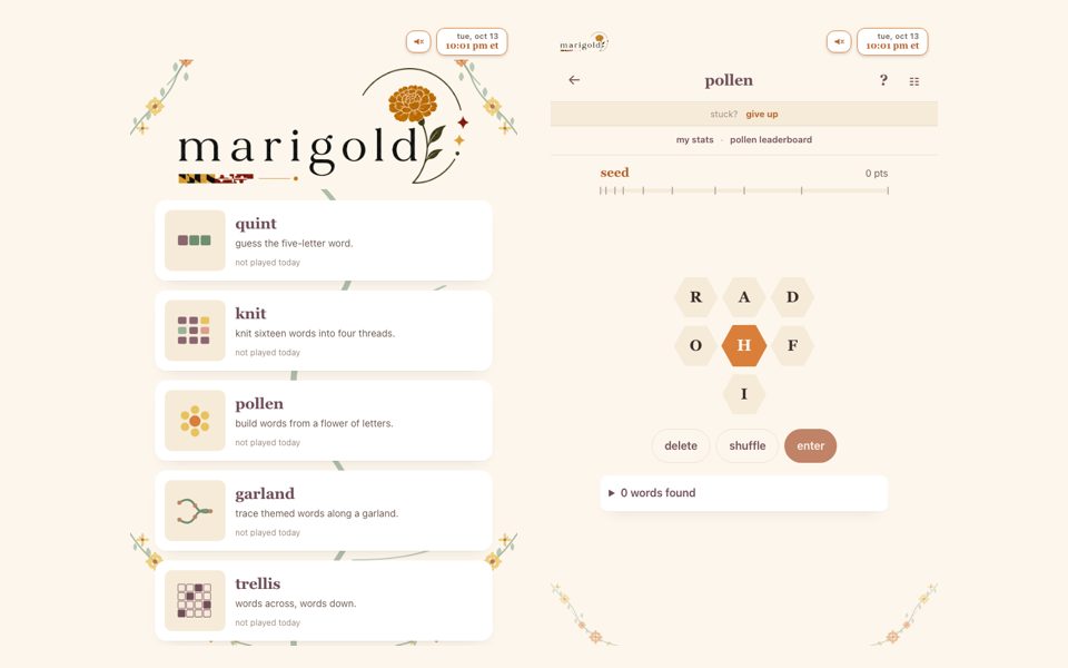 Marigold Play game list and a Pollen puzzle